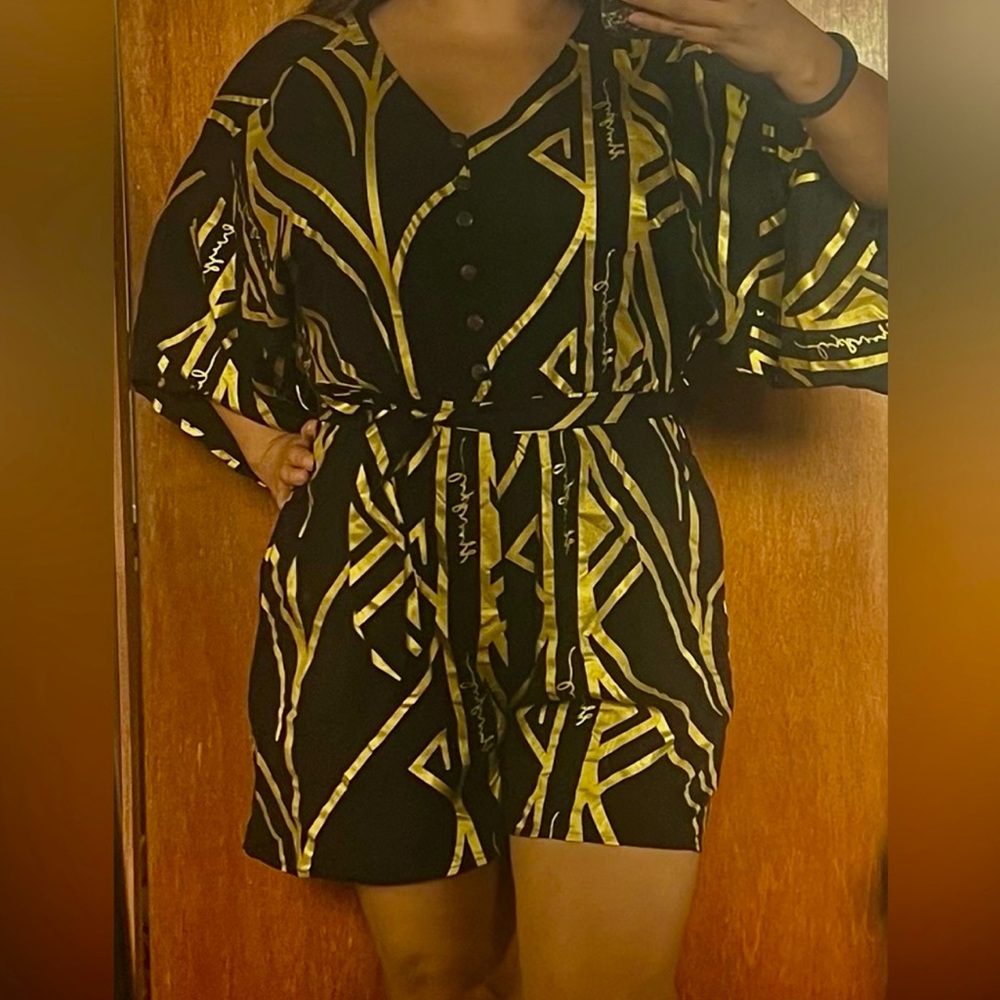LexBreezy Kaimana Black/Gold Lauhala Romper, Size XS, BNWT